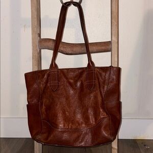 Brown Leather Frye Tote Bag with side pockets